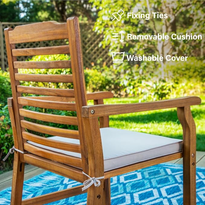 PHI VILLA 9pc Outdoor Dining Set, Expandable Wood Table w/Umbrella Hole | Acacia wood teak patio furnitue set for 8. Perfect for patio, deck, porch, backyard. Chairs with cushions