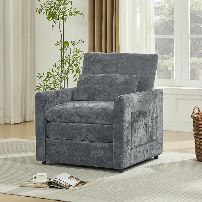 Iroomy Modern Accent Armchair – Cloud-Like Single Sofa with Pocket Spring Seat, Soft Chenille Fabric, Removable Cover, Cozy Lumbar Support for Living Room, Bedroom, Apartment, Gray