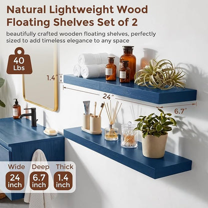 fuqing Dark Blue Floating Shelves | 24 Inch Floating Shelves for Wall Set of 2 | 24" W x 6.7" D x 1.4" H Blue Shelves for Bathroom Living Room Bedroom Kitchen