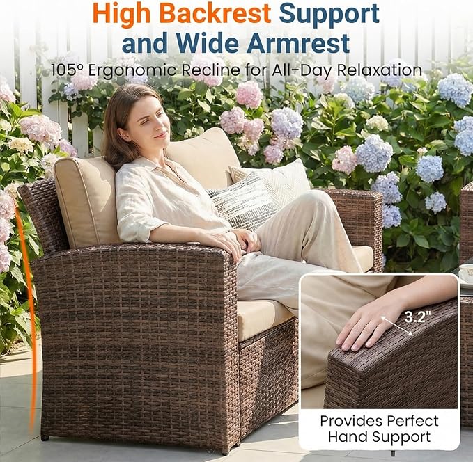 Wisteria Lane 4 Piece Patio Furniture Set, Wicker Outdoor Patio Conversation Furniture Set, All Weather Outdoor Patio Sofa with Cushion and Wood Table, Brown and Beige