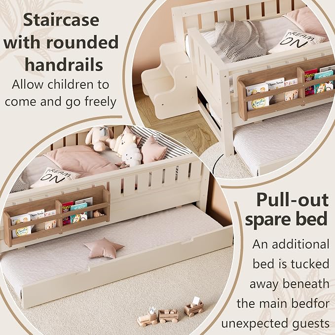 Bellemave Twin Kids Montessori Bed with Stairs, Bookshelf and Trundle, Solid Wood Kids Bed Frame with Storage for Boys Girls, Low Profile,Beige