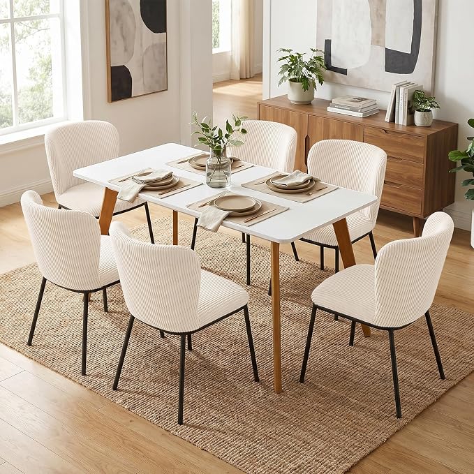 SIMTONAL Upholstered Dining Chairs Set of 6, Corduroy Armless Kitchen Chairs with Memory Foam Seat, Black Metal Legs, Mid Century Modern Accent Seating for Apartment, Vanity, [Beige]