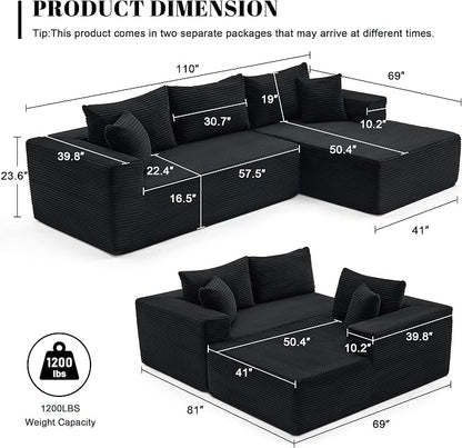 Mangodan 110” Cloud Sectional Couch, Boneless Sofa for Living Room, Modular Sectional Sofa with Deep Seat, Comfy Fluffy Couch with L-Shaped Chaise, No Assembly Required (Right-Facing Chaise, Black)