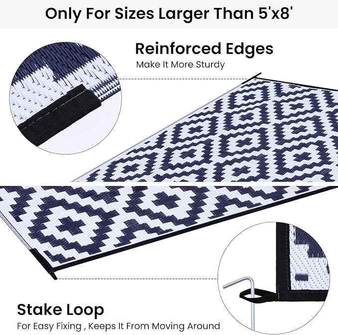 Smiry Waterproof Outdoor Rug 6x9 ft, Reversible Plastic Straw Patio Camping Rugs, Outdoor Indoor RV Mat Carpet for Patio, Outside Entry, Backyard, Deck, Bench, Picnic, Camper, White & Navy