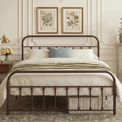VECELO Full Size Victorian Style Metal Bed Frame with Headboard and Footboard Under Bed Storage No Box Spring Needed Strong Slat Suppor Bed Frame Purple Bronze