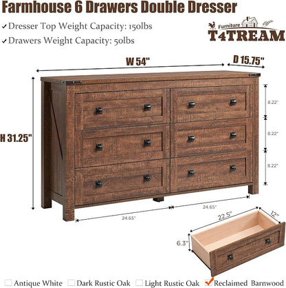 T4TREAM 54" Wide Farmhouse 6-Drawer Dresser for Bedroom, Reclaimed Barnwood | Rustic, Wood Storage Cabinet, Metal Handle, Unique Corner Accent, Bedroom, Living Room, Hallway