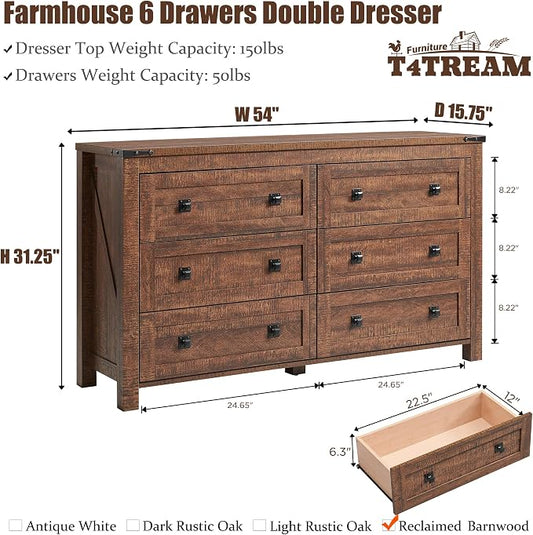 T4TREAM 54" Wide Farmhouse 6-Drawer Dresser for Bedroom, Reclaimed Barnwood | Rustic, Wood Storage Cabinet, Metal Handle, Unique Corner Accent, Bedroom, Living Room, Hallway