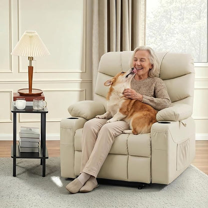 MCombo Oversized Power Lift Recliner Chair with Extended Footrest, Extra Wide for Big and Tall Elderly People, Faux Leather R7289 (Beige, Medium-Wide)