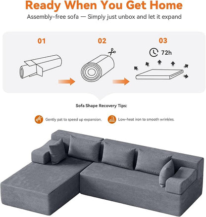 MONVANE 106" Cloud Sectional Couch with L-Shaped Chaise, Modular Sectional Sofa with Deep Seat and Removable Armrests, Comfy Corduroy Boneless Couches for Living Room, No Assembly Required, Grey