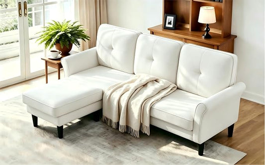 Welzona Sectional Couches for Living Room, 83" Velvet Modern 3 Seater Sofa, L Shaped Couch with Ottoman, Small Sectional Couch Sofas for Living Room, Bedroom, Apartment, Office, Beige Sofa