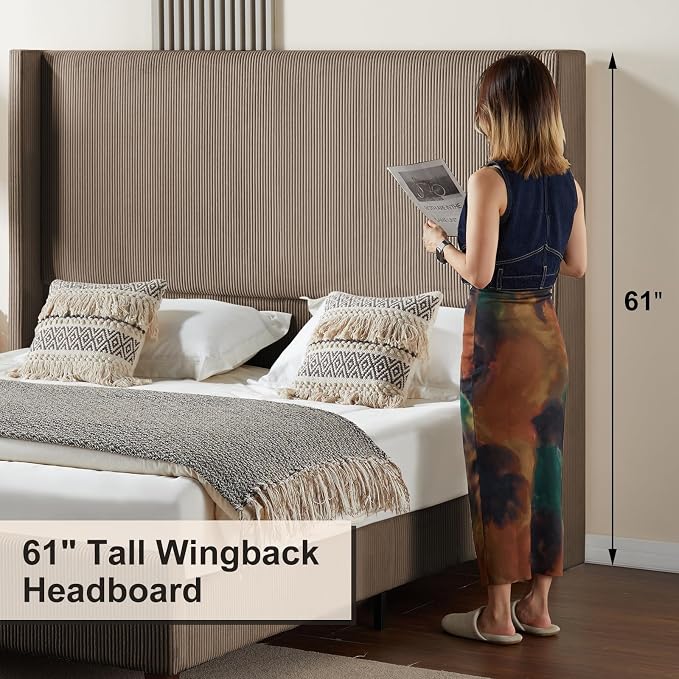HOWE Queen Bed Frame with 61.4" Extra Tall Headboard, Corduroy Upholstered Bed with Vertical Wingback Headboard, No Box Spring Needed/Noise Free/Solid Wood Slats/Brown