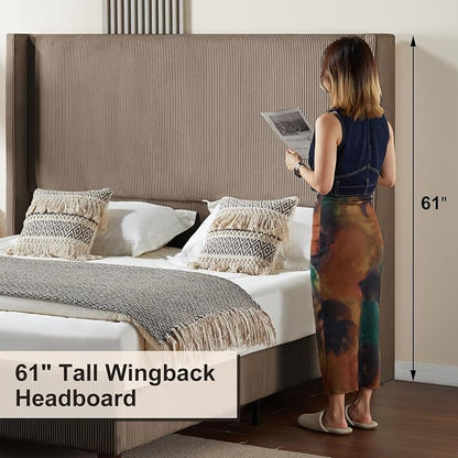 HOWE Queen Bed Frame with 61.4" Extra Tall Headboard, Corduroy Upholstered Bed with Vertical Wingback Headboard, No Box Spring Needed/Noise Free/Solid Wood Slats/Brown