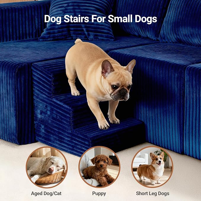 Claiks 128" Modular U Shaped Couch, Sectional Deep Seat Sofa with Pet Stair, Blue