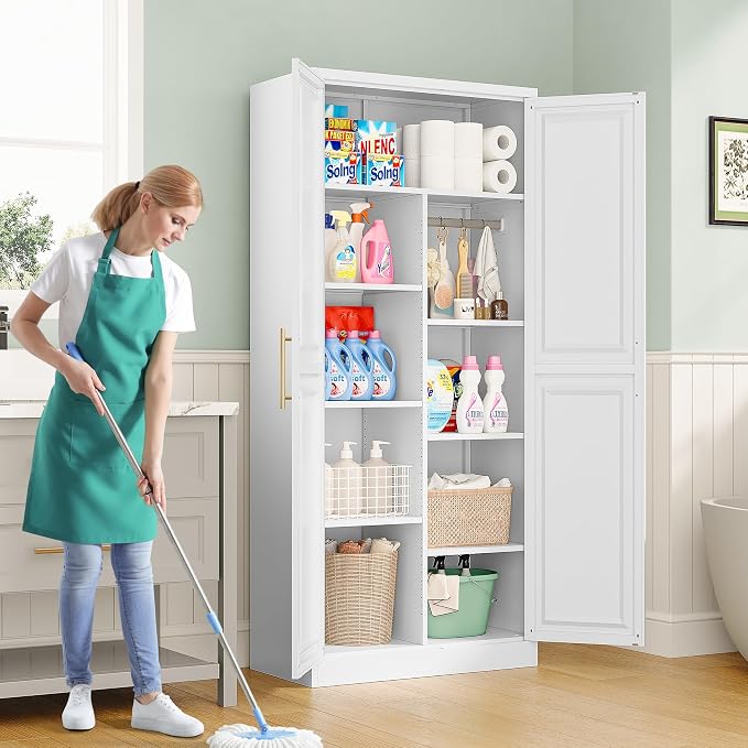 SISESOL 71" Tall Storage Cabinet with 9 Shelves and Hanging Rod,Kitchen Pantry Cabinet with 2 Door,White Metal Storage Cabinets,Large Cupboard for Home,Kitchen,Laundry,Bathroom