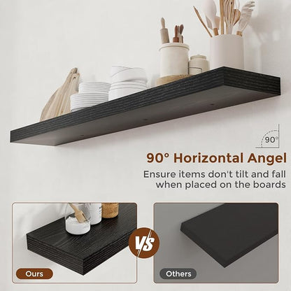 Heimlove 55 Inch Floating Shelves for Wall 8 Inch Deep Black Shelves Set of 2,Wall Mounted Rustic Wood Long Floating Shelf，Large Extra Display & Storage Shelf with Invisible Brackets