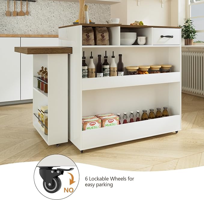 Kitchen Islands with Extendable Dining Table Rolling Islands Power Outlet Mobile Storage Islands Cart on Wheels with Drawers and 2 Side Open Shelves for Dining Room, White