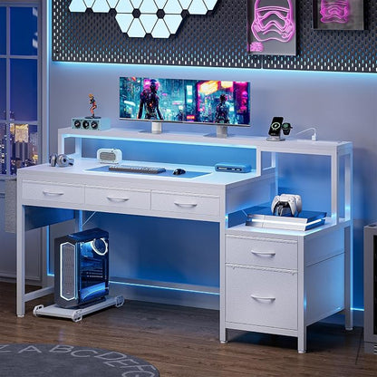 REAHOME 61 Inch Gaming Desk with Charging Station and LED Lights, Reversible Computer Desk with Storage Drawer and Monitor Stand, Modern Desk Table with File Cabinet & Side Pocket, Carbon Fiber White