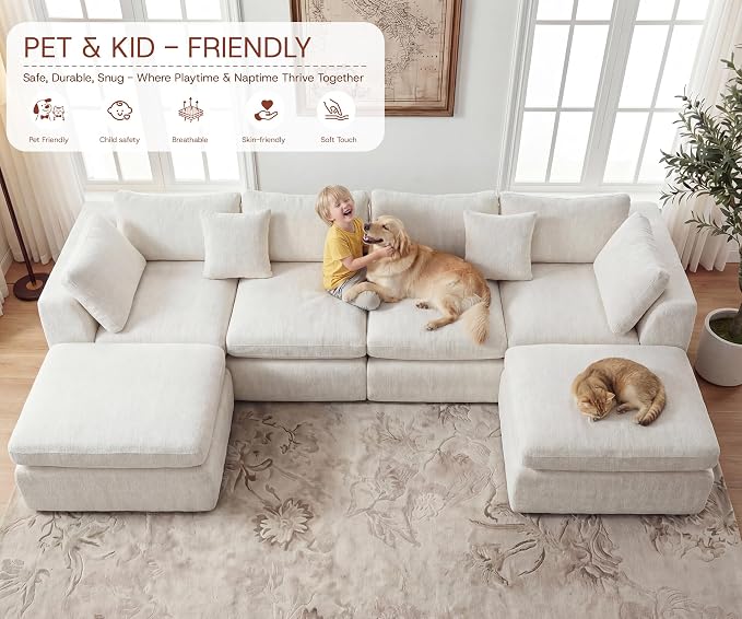 GRUSIGN 141'' Oversized Boneless Cloud Couch for Living Room, Modern Big Sectional Compressed U Shape Couch with 2 Ottoman, Comfy Chenille Deep Seat Memory Foam Spineless 6 Seater Sofa, Beige