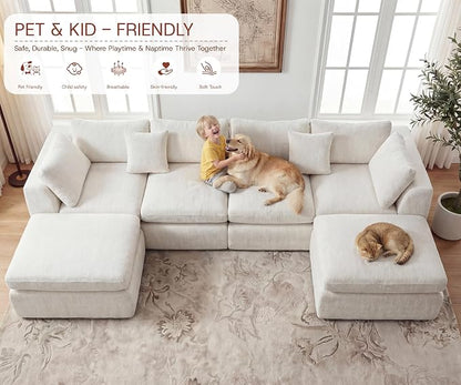 GRUSIGN 141'' Oversized Boneless Cloud Couch for Living Room, Modern Big Sectional Compressed U Shape Couch with 2 Ottoman, Comfy Chenille Deep Seat Memory Foam Spineless 6 Seater Sofa, Beige