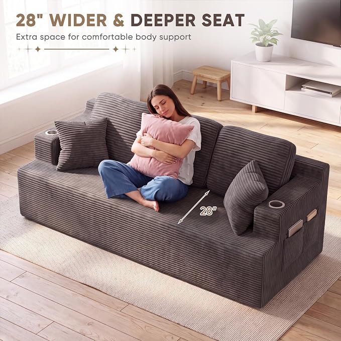 Homall 87” Boneless Sofa Couch with 2 Pillows Extra Deep Seats, Corduroy Fabric 3 Seater Sofa for Living Room with Cup Holder & Storage Pocket Upholstered Floor Sofa Easy Installation (Grey, 3 Seater)