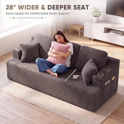 Homall 87” Boneless Sofa Couch with 2 Pillows Extra Deep Seats, Corduroy Fabric 3 Seater Sofa for Living Room with Cup Holder & Storage Pocket Upholstered Floor Sofa Easy Installation (Grey, 3 Seater)