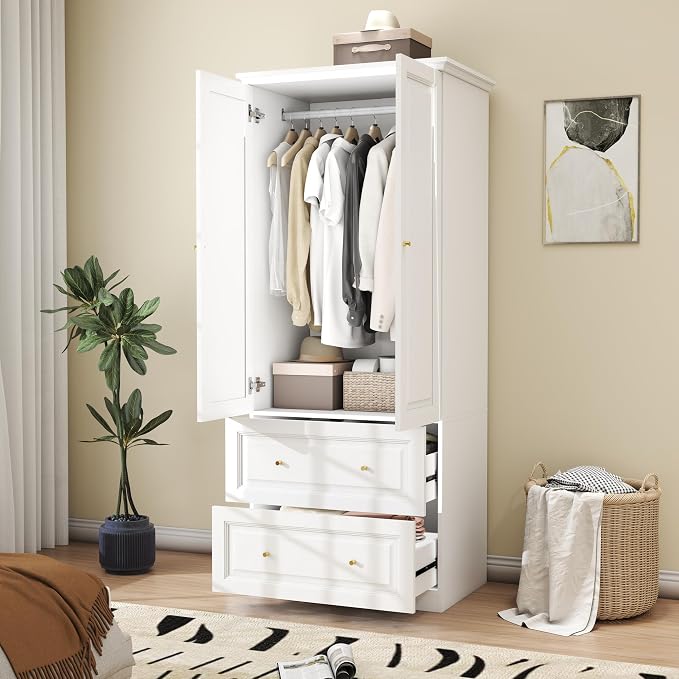 White Wardrobe with 2 Drawers: 74" Wooden Wardrobe Closet for Hanging Clothes, Tall Armoire Closet with 2 Doors, Bedroom Armoires with Hanging Rod (32")