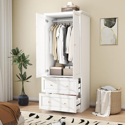 White Wardrobe with 2 Drawers: 74" Wooden Wardrobe Closet for Hanging Clothes, Tall Armoire Closet with 2 Doors, Bedroom Armoires with Hanging Rod (32")