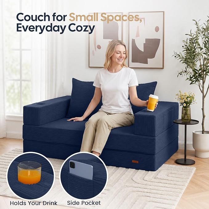 COMAX Futon Sofa Bed, Convertible Sofa Bed, Folding Boneless Couches | Boneless Couch for living room, 4‑in‑1 Fold Out Small Foldable Loveseat Floor Sleeper Mattress Lounge Space‑Saving, Navy
