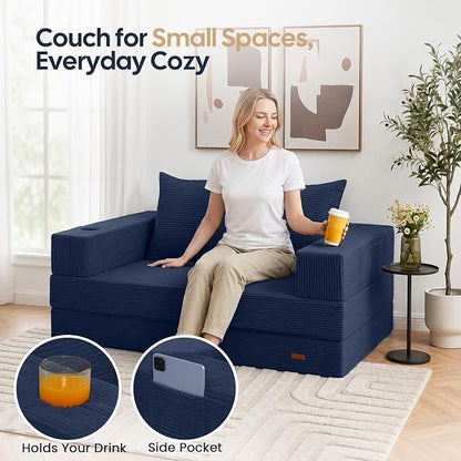COMAX Futon Sofa Bed, Convertible Sofa Bed, Folding Boneless Couches | Boneless Couch for living room, 4‑in‑1 Fold Out Small Foldable Loveseat Floor Sleeper Mattress Lounge Space‑Saving, Navy