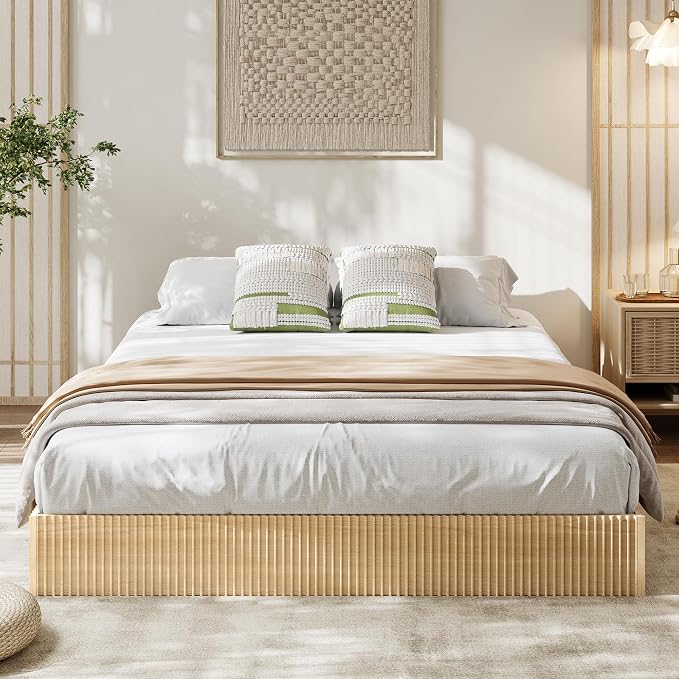 Garvee Queen Bed Frame, Wood Platform Bed with Fluted Design, Low Profile BedFrame, Minimalist Bed Base with Noise-Free, Easy Assembly, No Box Spring Needed, Natural