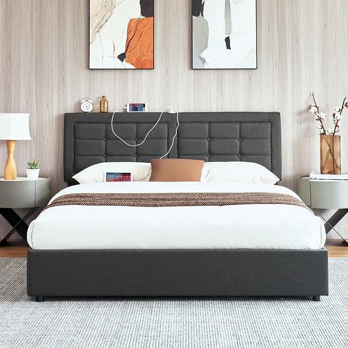 VECELO Full Size Bed Frame with 4 Drawers, Adjustable Tufted Button Headboard, Upholstered Platform with Wood Slats Support, Built-in USB and Type C Ports, Dark Gray