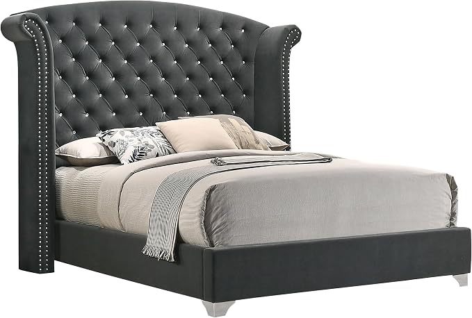 Coaster Home Furnishings Melody Modern Classic 4-Piece Bedroom Set Velvet Upholstered Eastern King Size Wingback Bed Frame 66-inch Headboard Grey 223381KE-S4