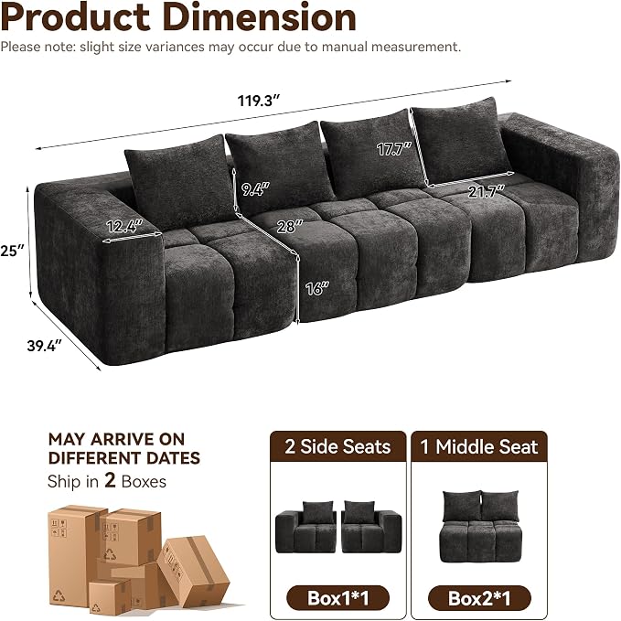 119" Oversized 3 Seater Boneless Couch, Comfy Cloud Modular Sectional Sofa with Deep Seat, Modern Memory Foam Boneless Couches for Living Room, Tufted Sofa, No Assembly Required, Dark Grey