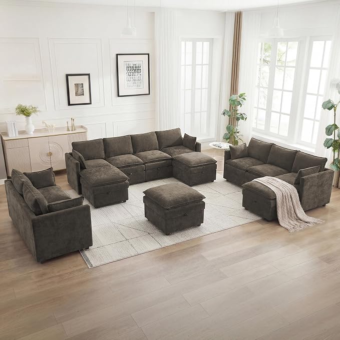 80" Cloud 3 Seater Sectional Modular Couch with Storage, Upholstered Storage Sofa Modern Couch Deep Seat, Chenille Convertible Sofa Comfy Couches with Armrests for Living Room, Small Space, Brown
