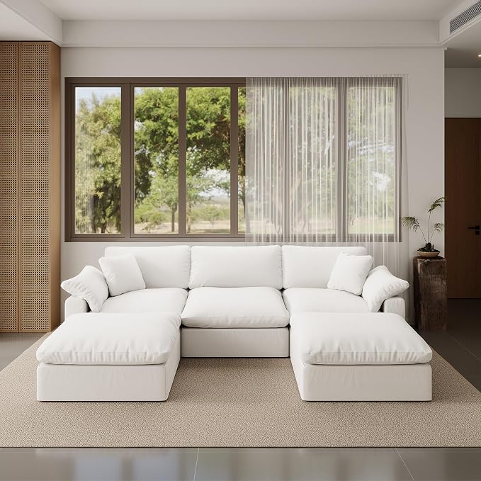 Modular Sectional Sofa,Extra Comfty Deep-Seat-Filled Couch,White 5 Seat U Shape Sofas with Movable Ottoman,Modern Couches for Living Room, Apartment,Office,Small Space