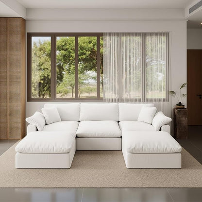 Modular Sectional Sofa,Extra Comfty Deep-Seat-Filled Couch,White 5 Seat U Shape Sofas with Movable Ottoman,Modern Couches for Living Room, Apartment,Office,Small Space