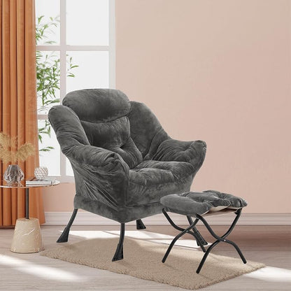 Youtanic Lazy Chair with Folding Ottoman, Accent Chair Plush Upholstered with Metal Structure and Non-Slip Pads, Sofa Armchair with Footrest and Side Storage Bag for Dorm, Room, Office, Dark Gray