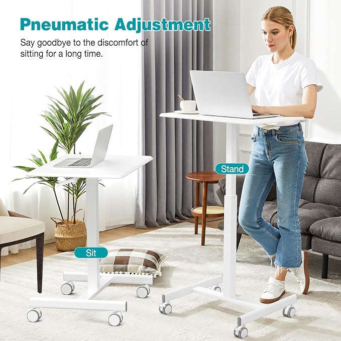 DUMOS Mobile Rolling Desk with Wheels Adjustable Height Small Standing Desks Portable Laptop PC Table Computer Workstation for Home Office Small Space Pure White