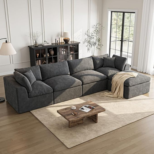 Cloud Sectional Couches for Living Room | 144 Inch L-Shaped Boneless Couch with Ottoman | Dark Grey Modular Sectionals Sofa Couch