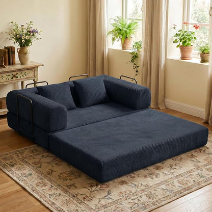 ZEIINPA 59“ Convertible Floor Sofa Bed, 5-in-1 Futon Sofa Bed Pull Out Sleeper Couch, Modern Corduroy Compressed Loveseat, Modular Boneless Couches for Living Room, No Assembly Required, Black