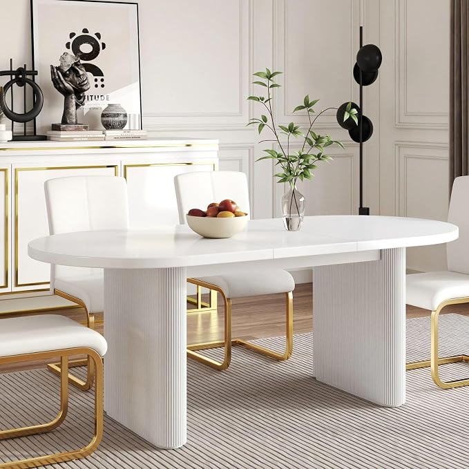 homary Oval Dining Table for 4-6, 63"-79" Extendable Kitchen Table, Japandi Wooden Dining Room Table with Pedestal Base (White, 63"-79" (Seats 4-6))