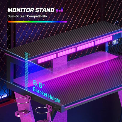 Bestier Computer Desk with Music Sync Light, Flow Vibe Corner Gaming Desk with Monitor Stand and PS5 Storage Shelves, Cup Holders, and Headset Hooks for Bedroom Small Space (Black Purple, 42 Inch)