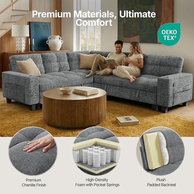 AMADA HOMEFURNISHING 85″ Modular Sectional Sleeper Sofa with Pull Out Couch, U Shaped 5 Seat Sectional Sofa with Storage, USB Ports & Cup Holders, Chenille Cloud Couches for Living Room, Light Gray