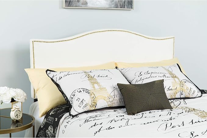 EMMA + OLIVER Upholstered Full Size Headboard with Nailtrim in White Fabric