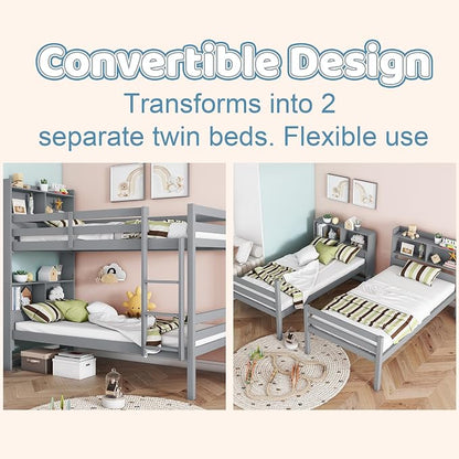 Twin Over Twin Bunk Bed with Storage Bookcase Headboard for Kids Boys Girls Teens, Rubber Wood Bunk Beds Frame with Storage Shelves, Can Be Separated into 2 Platform Beds, Gray