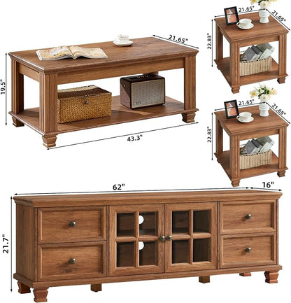 SAVOR LIFE TV Stand and Coffee Table Set, 4 Piece Living Room Table Set with Drawer & Open Shelving & Thick Tabletop & Square Wooden Legs, Brown