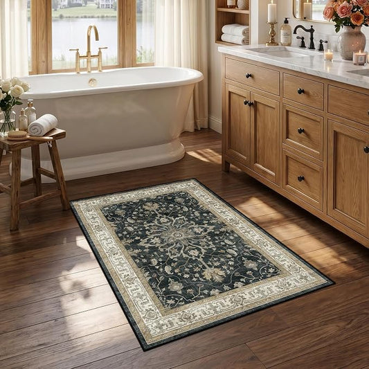 RELEANY Area Rugs Small 2'6"x4' Washable Non-Slip, Floral Vintage Distress Medallion Carpet for Kitchen Entryway Bathroom, Vintage Black Brown Neutral
