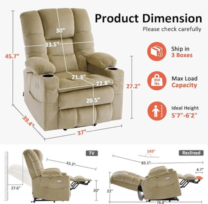 MCombo Triple Motor Lay Flat Power Lift Recliner Chair for Tall Elderly, Infinite Position, Massage, Dual Heating, Adjustable Headrest, Fabric 7634 (Beige, Large)
