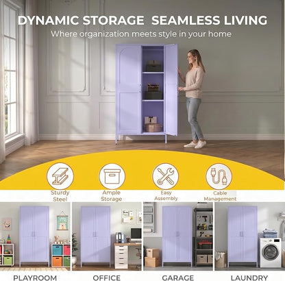 Lockable Closet Metal Wardrobe 67" Purple 2 Door Wardrobe Bedroom Storage Cabinet Adjustable shelf Multi functional metal Storage Cabinet with hanging rail for domestic use 18.1" D x 31.5" W x 67" H