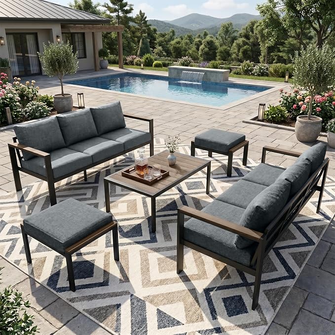 Patio Furniture Set 8 Seats and Coffee Table, Patio Conversation Set with Washable Thick Cushions, Deluxe Aluminum Modern Outside Sectional for Porch, Balcony, Deck, Yard, Light Gray